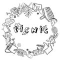 Round frame with picnic, summer eating out, gardening and barbecue objects. Outline vector sketch illustration